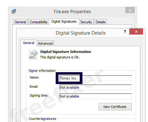 Screenshot of the Tonec Inc. certificate